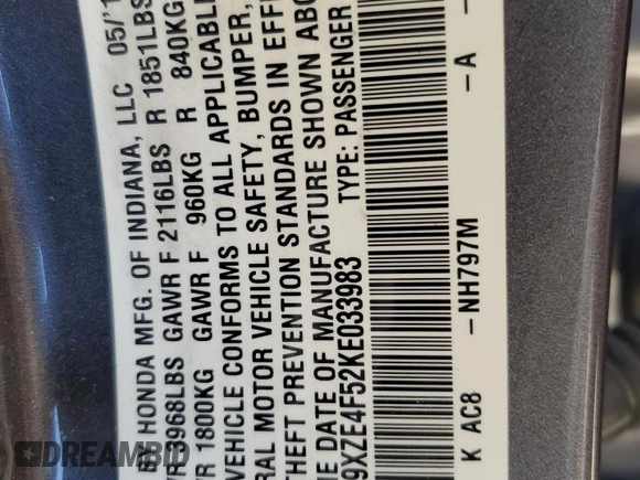 2019 Honda Insight EX z VIN 19XZE4F52KE033983, wystawiony jako Copart lot #56048285 z przebiegiem 103 742 mil mil oraz Szkoda całkowita • Salvage title. Historia ofert i sprzedaży dostępna na DreamBid. Obrazek 13.