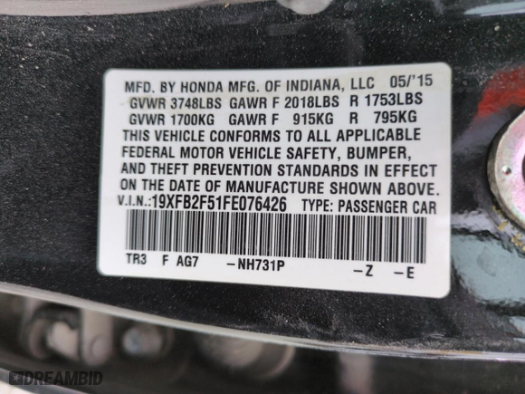 2015 Honda Civic Sedan LX with VIN 19XFB2F51FE076426, listed as a Copart auction lot 50901575 with 0 mi miles and Salvage Title. Bid and sale history available at carsss.com. Image 13.