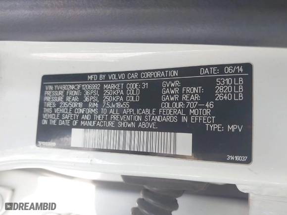 2015 Volvo XC70 T6 with VIN YV4902NK3F1206992, listed as a IAAI auction lot 41433258 with 137,794 mi miles. Bid and sale history available at carsss.com. Image 9.