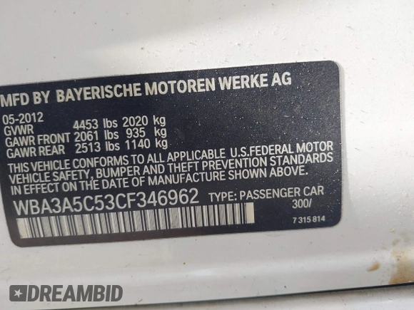2012 BMW 3 Series 328i with VIN WBA3A5C53CF346962, listed as a IAAI auction lot 42543219 with 58,485 mi miles and . Bid and sale history available at DreamBid. Image 9.