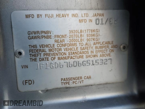 2006 Subaru Impreza i z VIN JF1GD67606G515327, wystawiony jako Copart lot #44464575 z przebiegiem 241 362 mil mil oraz Szkoda całkowita • Salvage title. Historia ofert i sprzedaży dostępna na DreamBid. Obrazek 15.