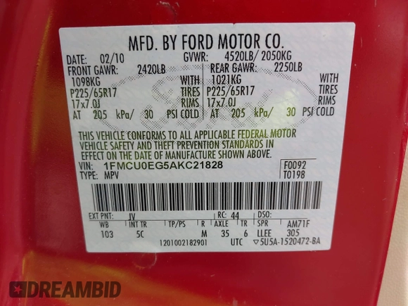 2010 Ford Escape Limited z VIN 1FMCU0EG5AKC21828, wystawiony jako IAAI lot #42343582 z przebiegiem 135 534 mil mil oraz . Historia ofert i sprzedaży dostępna na DreamBid. Obrazek 9.