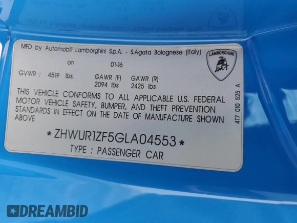 2016 Lamborghini Huracan LP 610-4 с VIN ZHWUR1ZF5GLA04553, выставлен на аукционе Copart как лот 57830675 с пробегом 15 820 миль миль и Списание • Salvage title. История ставок и продаж доступна на DreamBid. Изображение 12.