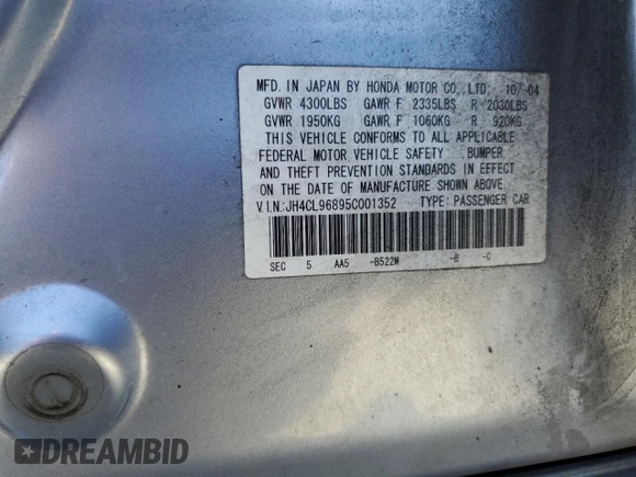 2005 Acura TSX with VIN JH4CL96895C001352, listed as a Copart auction lot 61832355 with 264,885 mi miles and Clean title. Bid and sale history available at DreamBid. Image 12.