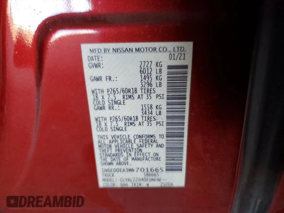 2021 Nissan Frontier SV z VIN 1N6ED0EA3MN701665, wystawiony jako Copart lot #46000495 z przebiegiem 23 968 mil mil oraz Szkoda całkowita • Salvage title. Historia ofert i sprzedaży dostępna na DreamBid. Obrazek 12.