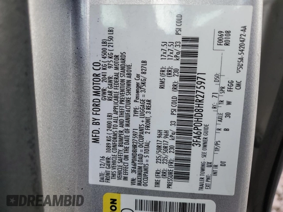 2017 Ford Fusion SE with VIN 3FA6P0HD8HR275971, listed as a Copart auction lot 47477265 with 127,883 mi miles and Salvage Title. Bid and sale history available at DreamBid. Image 14.