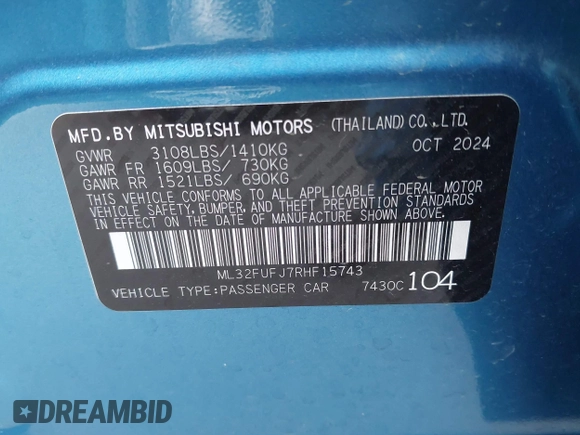2024 Mitsubishi Mirage ES z VIN ML32FUFJ7RHF15743, wystawiony jako IAAI lot #42460558 z przebiegiem 5 931 mil mil oraz . Historia ofert i sprzedaży dostępna na DreamBid. Obrazek 9.