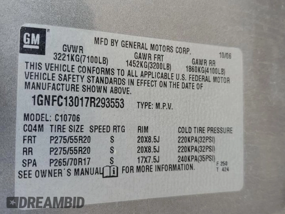 2007 Chevrolet Tahoe LT with VIN 1GNFC13017R293553, listed as a Copart auction lot 65418445 with 267,110 mi miles and Salvage title. Bid and sale history available at DreamBid. Image 12.