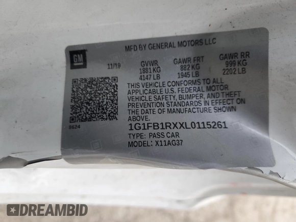 2020 Chevrolet Camaro 1LT with VIN 1G1FB1RXXL0115261, listed as a Copart auction lot 87743405 with 44,121 mi miles and Salvage Title. Bid and sale history available at DreamBid. Image 12.