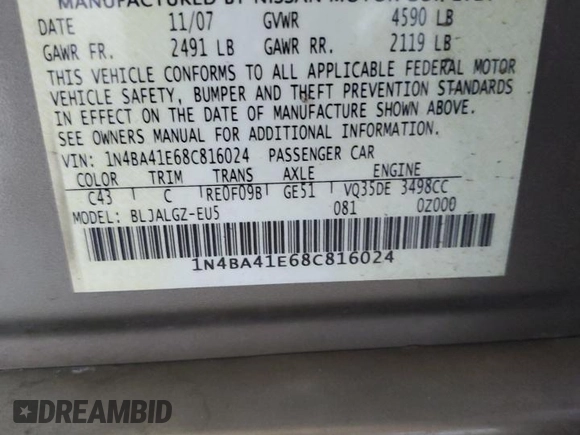 2008 Nissan Maxima 3.5 SE with VIN 1N4BA41E68C816024, listed as a Copart auction lot 76537754 with 160,385 mi miles and Salvage Title. Bid and sale history available at carsss.com. Image 12.