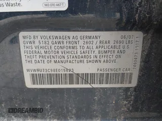 2008 Volkswagen Passat VR6 with VIN WVWRU73C98E015623, listed as a IAAI auction lot 42682325 with 128,731 mi miles and . Bid and sale history available at DreamBid. Image 9.