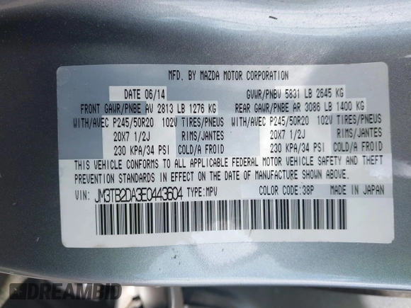 2014 Mazda CX-9 Grand Touring с VIN JM3TB2DA3E0443604, выставлен на аукционе IAAI как лот 42456552 с пробегом 150 053 миль миль и . История ставок и продаж доступна на DreamBid. Изображение 9.