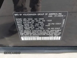 2024 Volkswagen Atlas SE with VIN 1V2LR2CA7RC553936, listed as a IAAI auction lot 40662181 with 4,305 mi miles and . Bid and sale history available at DreamBid. Image 9.