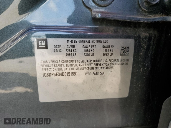 2013 Cadillac CTS Premium с VIN 1G6DP5E34D0151591, выставлен на аукционе Copart как лот 63668325 с пробегом 59 477 миль миль и Списание • Salvage title. История ставок и продаж доступна на DreamBid. Изображение 12.