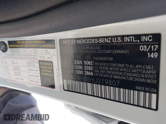 2017 Mercedes-Benz C 350e with VIN 55SWF4HB8HU219807, listed as a IAAI auction lot 41848124 with 43,207 mi miles and . Bid and sale history available at DreamBid. Image 9.