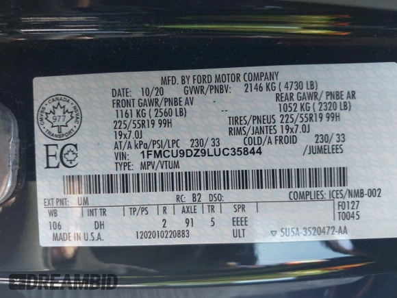 2020 Ford Escape Titanium Hybrid z VIN 1FMCU9DZ9LUC35844, wystawiony jako IAAI lot #42058275 z przebiegiem 74 205 mil mil oraz . Historia ofert i sprzedaży dostępna na DreamBid. Obrazek 9.