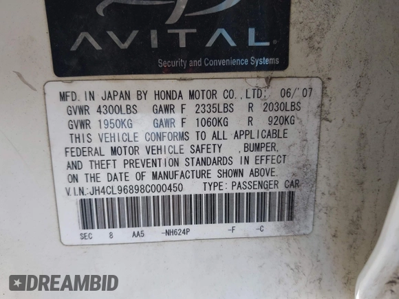 2008 Acura TSX with VIN JH4CL96898C000450, listed as a IAAI auction lot 42071096 with 180,706 mi miles. Bid and sale history available at carsss.com. Image 9.