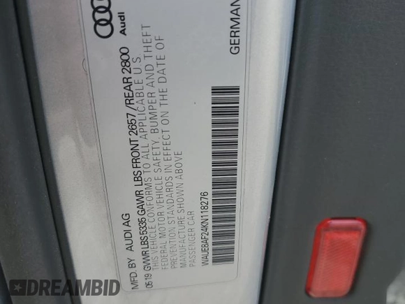 2019 Audi A6 Premium Plus with VIN WAUE8AF24KN118276, listed as a Copart auction lot 69520994 with 82,000 mi miles and Salvage Title. Bid and sale history available at carsss.com. Image 12.