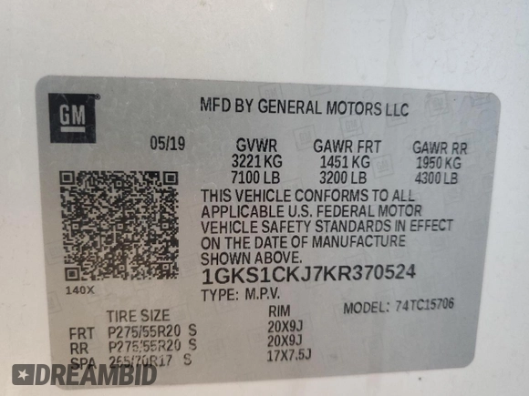 2019 GMC Yukon Denali with VIN 1GKS1CKJ7KR370524, listed as a Copart auction lot 77344394 with 39,753 mi miles and Salvage Title. Bid and sale history available at carsss.com. Image 13.