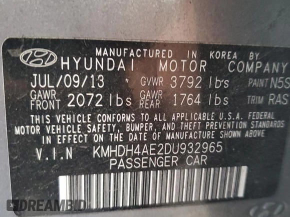 2013 Hyundai Elantra GLS с VIN KMHDH4AE2DU932965, выставлен на аукционе Copart как лот 54442845 с пробегом 123 465 миль миль и Списание • Salvage title. История ставок и продаж доступна на DreamBid. Изображение 12.