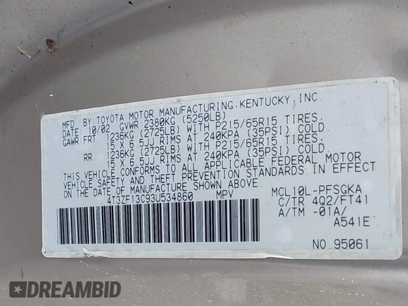2003 Toyota Sienna LE with VIN 4T3ZF13C93U534860, listed as a IAAI auction lot 41800054 with 214,414 mi miles. Bid and sale history available at carsss.com. Image 9.