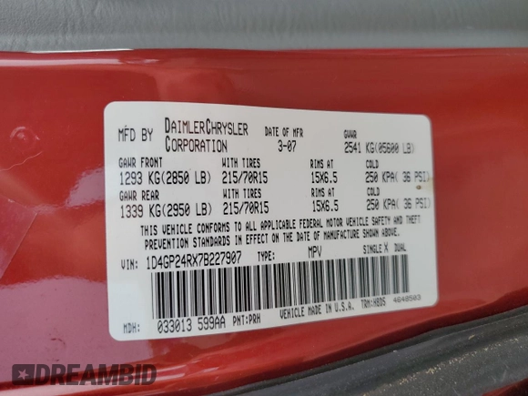 2007 Dodge Grand Caravan SE with VIN 1D4GP24RX7B227907, listed as a Copart auction lot 59116895 with Not provided miles and Salvage title. Bid and sale history available at DreamBid. Image 14.