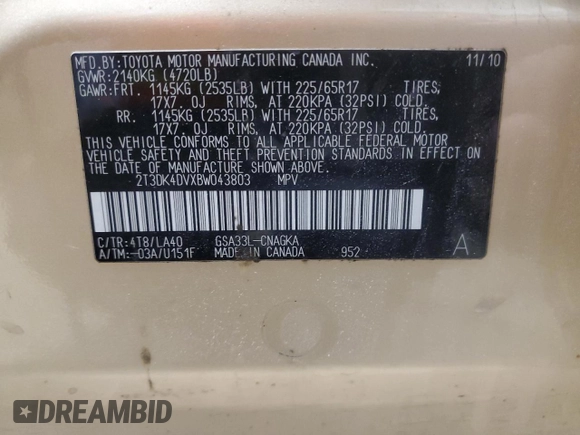 2011 Toyota RAV4 Ltd with VIN 2T3DK4DVXBW043803, listed as a Copart auction lot 87609815 with 130,877 mi miles and Salvage Title. Bid and sale history available at carsss.com. Image 14.