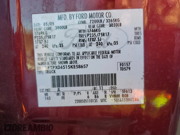 2005 Ford F-150 XLT z VIN 1FTPX04515KE58657, wystawiony jako Copart lot #45487545 z przebiegiem 220 464 mil mil oraz Czysty tytuł • Clean title. Historia ofert i sprzedaży dostępna na DreamBid. Obrazek 13.