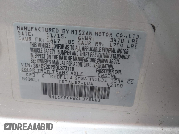 2016 Nissan Note S z VIN 3N1CE2CP2GL373110, wystawiony jako IAAI lot #42786053 z przebiegiem 106 179 mil mil oraz . Historia ofert i sprzedaży dostępna na DreamBid. Obrazek 9.