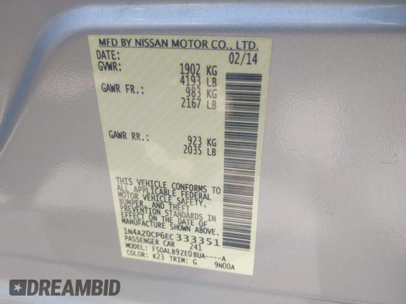 2014 Nissan LEAF SL with VIN 1N4AZ0CP6EC333351, listed as a IAAI auction lot 41990171 with 86,125 mi miles and . Bid and sale history available at DreamBid. Image 9.