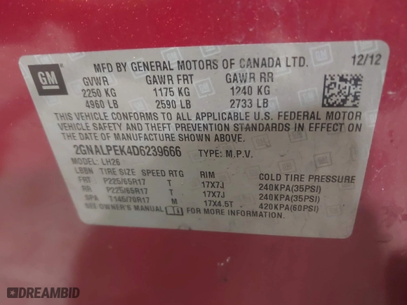 2013 Chevrolet Equinox LT with VIN 2GNALPEK4D6239666, listed as a IAAI auction lot 41917988 with 181,713 mi miles. Bid and sale history available at carsss.com. Image 9.