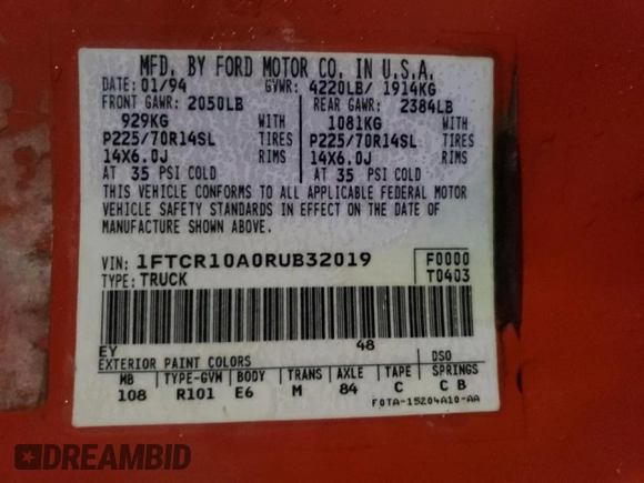 1994 Ford Ranger Splash with VIN 1FTCR10A0RUB32019, listed as a Copart auction lot 43348342 with 5,404 mi miles and Salvage title. Bid and sale history available at DreamBid. Image 10.