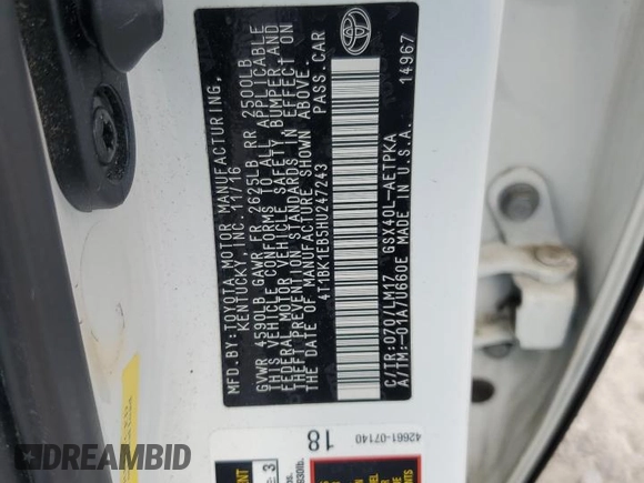 2017 Toyota Avalon XLE z VIN 4T1BK1EB5HU247243, wystawiony jako Copart lot #56557665 z przebiegiem 63 999 mil mil oraz Szkoda całkowita • Salvage title. Historia ofert i sprzedaży dostępna na DreamBid. Obrazek 12.