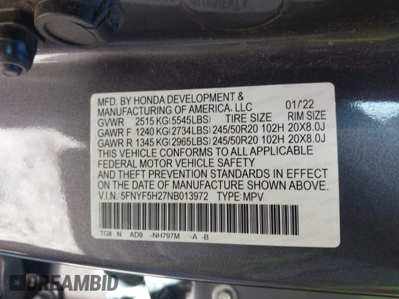 2022 Honda Pilot Special Edition with VIN 5FNYF5H27NB013972, listed as a IAAI auction lot 41219766 with 52,291 mi miles and . Bid and sale history available at carsss.com. Image 9.