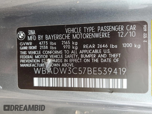 2011 BMW 3 Series 328i with VIN WBADW3C57BE539419, listed as a Copart auction lot 50003215 with 99,228 mi miles and Clean Title. Bid and sale history available at carsss.com. Image 12.