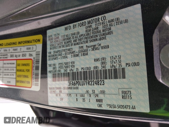 2015 Ford Fusion SE Hybrid with VIN 3FA6P0LU7FR224823, listed as a IAAI auction lot 42199479 with 81,835 mi miles and . Bid and sale history available at DreamBid. Image 9.