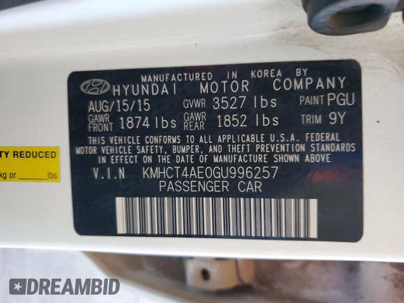 2016 Hyundai Accent SE with VIN KMHCT4AE0GU996257, listed as a Copart auction lot 74712463 with 182,851 mi miles and . Bid and sale history available at DreamBid. Image 12.