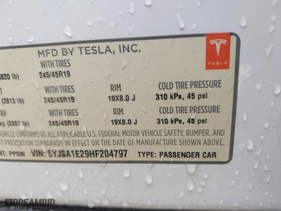 2017 Tesla Model S 100D with VIN 5YJSA1E29HF204797, listed as a IAAI auction lot 41760296 with 92,587 mi miles. Bid and sale history available at carsss.com. Image 9.