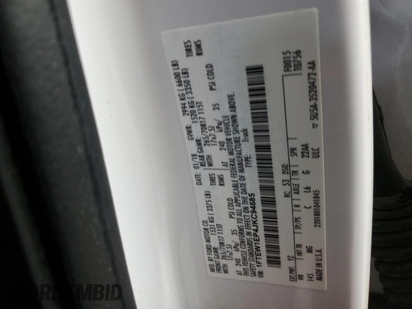 2018 Ford F-150 XL with VIN 1FTEW1EP4JKC94685, listed as a Copart auction lot 48005095 with Not provided miles and Salvage title. Bid and sale history available at DreamBid. Image 15.