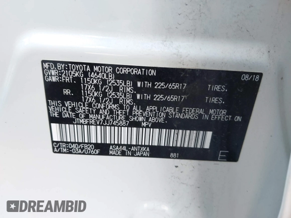 2018 Toyota RAV4 LE с VIN JTMBFREV7JJ745887, выставлен на аукционе IAAI как лот 42526629 с пробегом 74 149 миль миль и . История ставок и продаж доступна на DreamBid. Изображение 9.