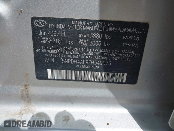 2015 Hyundai Elantra SE with VIN 5NPDH4AE9FH549073, listed as a IAAI auction lot 42113615 with 124,115 mi miles and . Bid and sale history available at DreamBid. Image 9.