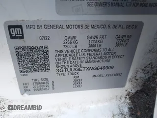2022 GMC Sierra 1500 with VIN 3GTUUGETXNG640009, listed as a IAAI auction lot 41626847 with 43,537 mi miles and . Bid and sale history available at DreamBid. Image 9.