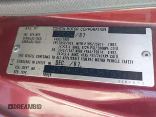 1988 Toyota Pickup с VIN JT4RN50A6J5133493, выставлен на аукционе IAAI как лот 40299081 с пробегом 105 705 миль миль и . История ставок и продаж доступна на DreamBid. Изображение 9.