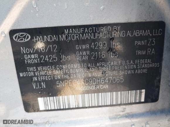 2013 Hyundai Sonata SE with VIN 5NPEC4AC9DH647065, listed as a IAAI auction lot 41636762 with 148,669 mi miles. Bid and sale history available at carsss.com. Image 9.