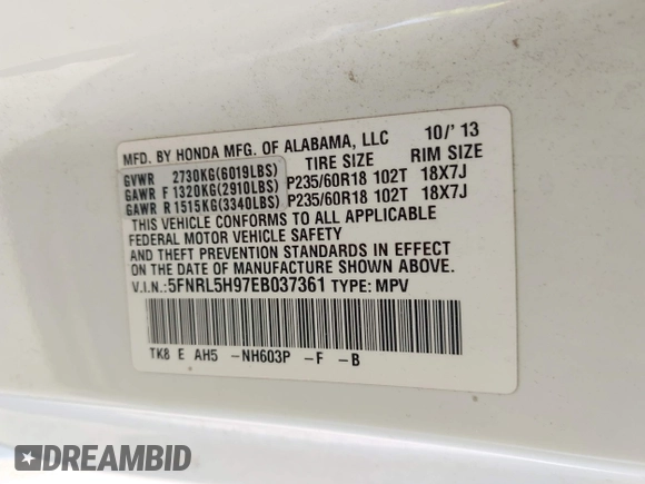 2014 Honda Odyssey Touring with VIN 5FNRL5H97EB037361, listed as a IAAI auction lot 42106742 with 198,279 mi miles and . Bid and sale history available at DreamBid. Image 9.
