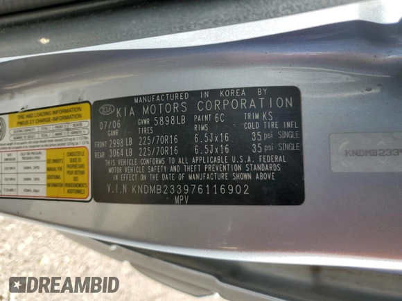 2007 Kia Sedona EX with VIN KNDMB233976116902, listed as a Copart auction lot 71683194 with 229,383 mi miles and Salvage Title. Bid and sale history available at carsss.com. Image 13.