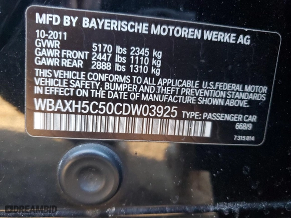 2012 BMW 5 Series 528i xDrive with VIN WBAXH5C50CDW03925, listed as a Copart auction lot 47547475 with 0 mi miles and Salvage Title. Bid and sale history available at carsss.com. Image 14.