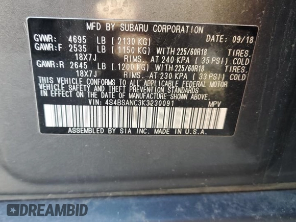 2019 Subaru Outback Limited with VIN 4S4BSANC3K3230091, listed as a Copart auction lot 47386925 with 97,547 mi miles and Salvage title. Bid and sale history available at DreamBid. Image 12.