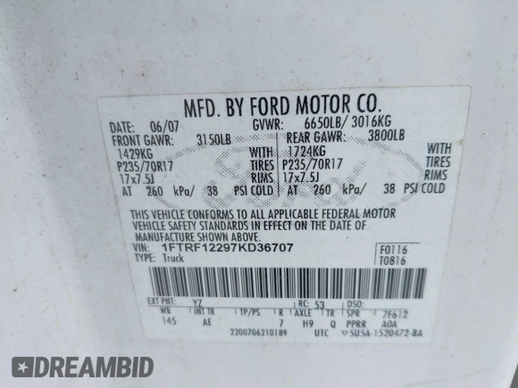 2007 Ford F-150 XL with VIN 1FTRF12297KD36707, listed as a IAAI auction lot 42443521 with 157,730 mi miles and . Bid and sale history available at DreamBid. Image 9.