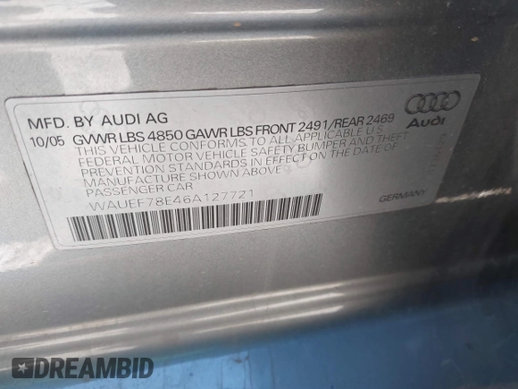 2006 Audi A4 2.0T z VIN WAUEF78E46A127721, wystawiony jako IAAI lot #41342825 z przebiegiem 127 010 mil mil oraz . Historia ofert i sprzedaży dostępna na DreamBid. Obrazek 9.